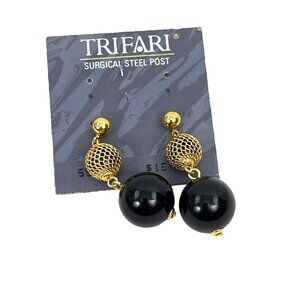 Trifari Surgical Steel Post Earrings Gold Black Ball Drop Pierced Vintage Jewelr